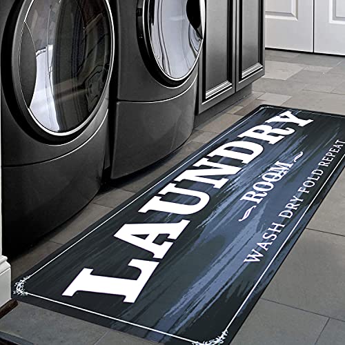 USTIDE 20X59 Non Skid Laundry Room Rug Runner, Black White Stain Resistant Laundry Room Mat Waterproof Floor Mat for Laundry Room Washroom Bathroom