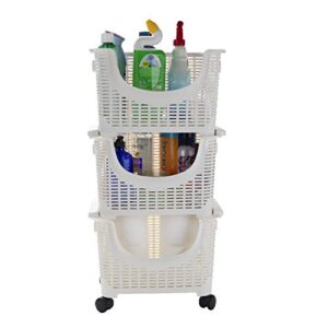 mind reader 3-tier stackable containers rolling plastic bins, storage baskets, ivory