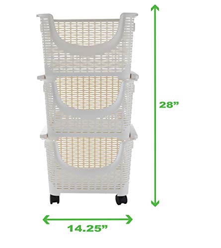 Mind Reader 3-Tier Stackable Containers Rolling Plastic Bins, Storage Baskets, Ivory