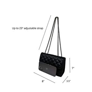 Small Quilted Crossbody Handbag or Shoulder Bag with Flap Purse with Chain Strap for Women (Black - Graphite Chain)