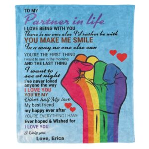 lgbt gay lesbian pride personalized blanket for life partner with name, gift for christmas birthday anniversary valentines day, fleece blanket for couch bed sofa travelling camping, printed in usa