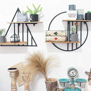 Funerom Rustic Wood and Metal Wall Mounted Floating Shelves Decorative Round Wall Shelf for Living Room, Bathroom, Kitchen
