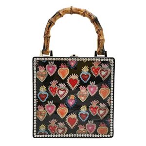 topou evening clutch acrylic pu women handbags print tote purses box with bamboo top-handle ladies shoulder bags (color : black)