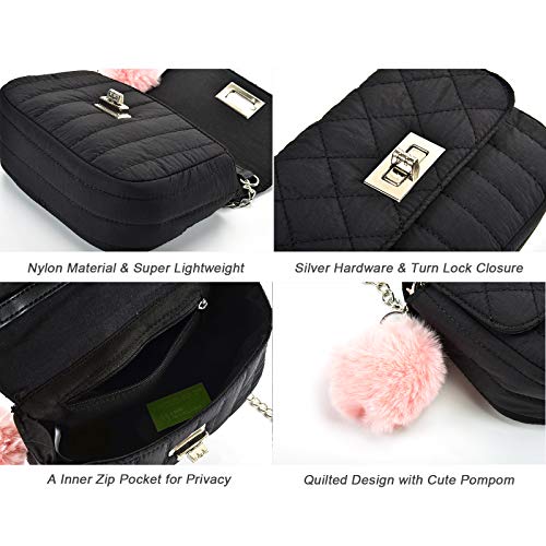 JSTRIVE Cute Purses for Teen Girls Small Purse and Quilted Crossbody bags for Women with Chain Strap, Nylon Lightweight, 8” Black