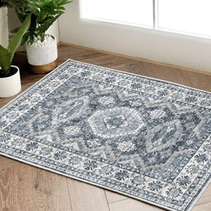 jinchan Area Rug 2x3 Persian Rug Vintage Floor Cover Indoor Kilim Rug Blue Multi Traditional Overdyed Doormat Retro Accent Rug Non Slip Door Mat for Kitchen Bathroom Living Room Bedroom