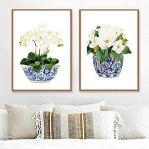 vlolife white orchid & magnolia watercolor chinoiserie decor canvas print oriental vase blue white willow style porcelain flower jar no frame, 16x24inchx2 unframed