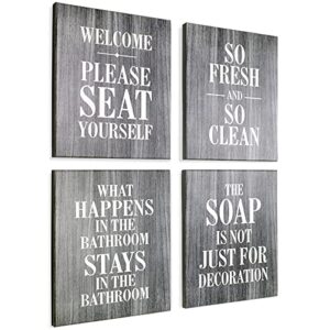 excello global products wooden bathroom humor signs : decor for home, restaurant, or business – 8×10 inches – ready to hang – dark gray – (pack of 4, assortment 1)