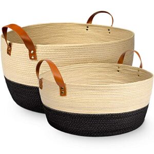 xl and large blanket storage baskets, 2pc set – luxury palm woven basket with durable vegan leather handles – decorative basket for living room, bedroom, nursery, blankets, throws, toys