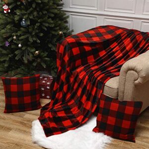 60 x 80 Inches Buffalo Plaid Throw Blanket, Flannel Fleece Throw Blanket, Checkered Soft Blankets with 2 Pieces 18 x 18 Inches Pillow Covers for Christmas Home Decor (Red and Black Plaid)