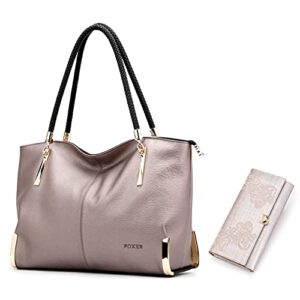 foxer leather totes & wallets 2 pcs set, metallic handbags with embroidered wallets