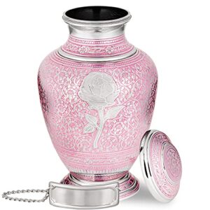 berkshire memorials decorative urns for human ashes – adult size– hand-crafted brass cremation urns with engravable pewter nametag & velvet bag – secure screw top seal – protective coating (pink rose)