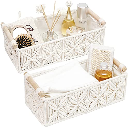 Macrame Storage Basket Boho Decor Baskets for Organizing Woven Decorative Basket for Countertop Toilet Paper Basket for Tank Top for Home Decor Bedroom Nursery Livingroom Entryway (Set of 2)