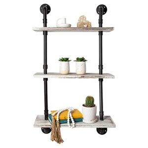 3-tier industrial shelves – wall-mount, farmhouse shelves w/ rustic wood and black matte pipe brackets for kitchen, laundry room, living-room and more – decorative, retro bookshelf – rustic white