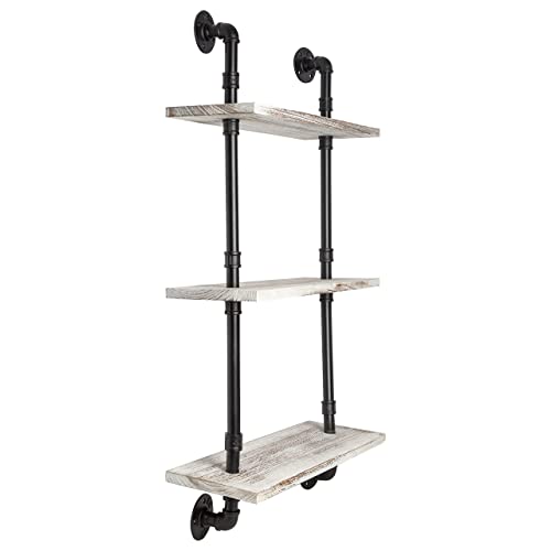 3-Tier Industrial Shelves – Wall-Mount, Farmhouse Shelves w/ Rustic Wood and Black Matte Pipe Brackets for Kitchen, Laundry Room, Living-Room and More – Decorative, Retro Bookshelf - Rustic White