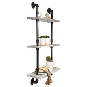3-Tier Industrial Shelves – Wall-Mount, Farmhouse Shelves w/ Rustic Wood and Black Matte Pipe Brackets for Kitchen, Laundry Room, Living-Room and More – Decorative, Retro Bookshelf - Rustic White
