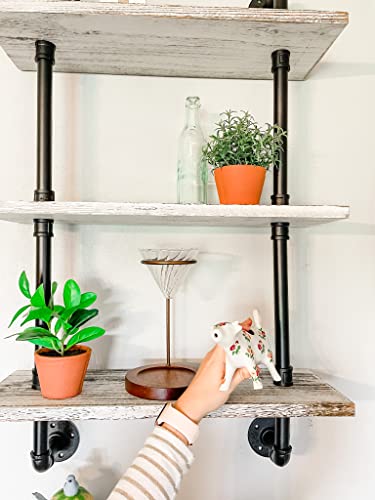 3-Tier Industrial Shelves – Wall-Mount, Farmhouse Shelves w/ Rustic Wood and Black Matte Pipe Brackets for Kitchen, Laundry Room, Living-Room and More – Decorative, Retro Bookshelf - Rustic White