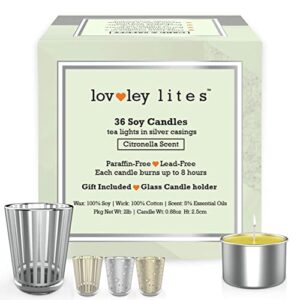 Lovley Lites Soy Tealight Candles Citronella - 36 Premium 1 Inch Tall Citronella Tea Lights Candles for Outdoor to Deter Mosquitos and Bugs