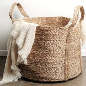 goobloo large woven storage basket 100% jute – 20” x 16” tall decorative jute rope basket for living room, toys or blankets – wicker baskets with handles – handmade natural laundry hamper