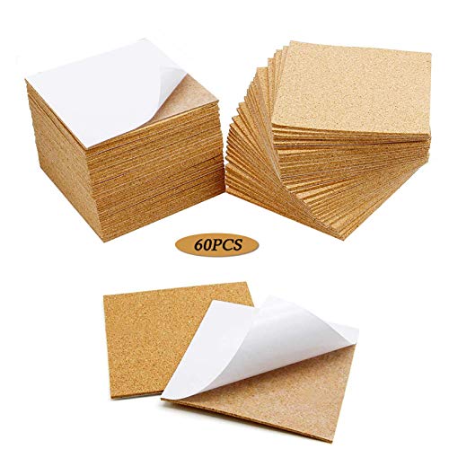 60Pcs Self Adhesive Cork Squares, MOTASOM 4 x 4 Inch Strong Cork Adhesive Sheets, Reusable Cork Board Cork Backing Sheets, Mini Wall Cork Tiles Mat for Coasters and DIY Crafts