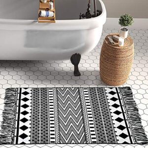 upgraded boho bathroom rug 2’x3′, 100% woven geometric rug for bedroom black and white rug bohemian bath mat, kitchen rug washable cotton small throw rug, tassel rug for kitchen/laundry/doorway/porch
