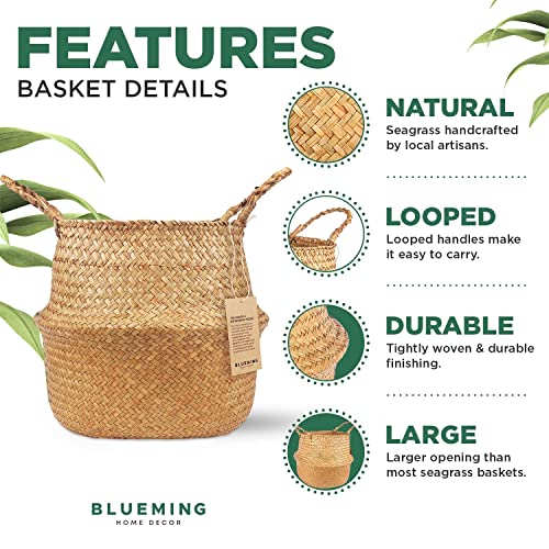 Blueming Home Decor Plant Basket – Large Seagrass Belly Basket Planter, Woven Rattan Wicker Plant Pot for Tall Indoor Plants with Handles, Round Decorative Boho Planters (Original, 10-11 Inch)