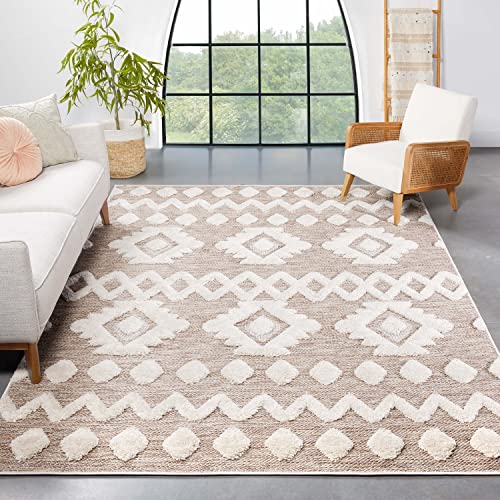 Well Woven Cenar Beige Flat-Weave Hi-Low Pile Diamond Medallion Stripes Moroccan Tribal Area Rug (7'10" x 9'10")