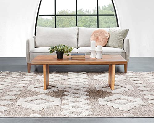 Well Woven Cenar Beige Flat-Weave Hi-Low Pile Diamond Medallion Stripes Moroccan Tribal Area Rug (7'10" x 9'10")