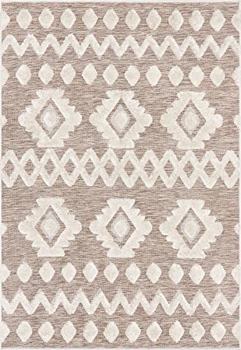 Well Woven Cenar Beige Flat-Weave Hi-Low Pile Diamond Medallion Stripes Moroccan Tribal Area Rug (7'10" x 9'10")