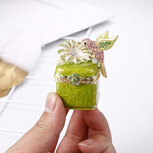 Hand Painted Hummingbird Trinket Box, Hinged Enameled Jewelry Box, Unique Mini Ring Earrings Jewelry Organizer, Vintage Bejeweled Storage, Figurine Collectible Keepsake Home Decor (Hummingbird-1)