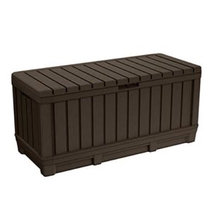 keter kentwood 90 gallon resin deck box-organization and storage for patio furniture outdoor cushions, throw pillows, garden tools and pool toys, brown