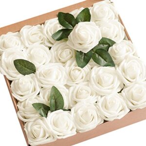 ling’s moment artificial flowers ivory foam fake roses with stems 25pcs for diy wedding bridal shower centerpieces tables decorations party
