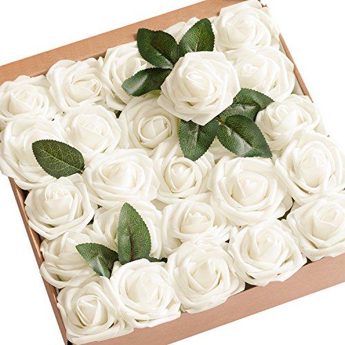 Ling's Moment Artificial Flowers Ivory Foam Fake Roses with Stems 25pcs for DIY Wedding Bridal Shower Centerpieces Tables Decorations Party