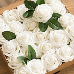 Ling's Moment Artificial Flowers Ivory Foam Fake Roses with Stems 25pcs for DIY Wedding Bridal Shower Centerpieces Tables Decorations Party