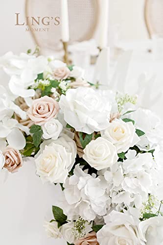 Ling's Moment Artificial Flowers Ivory Foam Fake Roses with Stems 25pcs for DIY Wedding Bridal Shower Centerpieces Tables Decorations Party