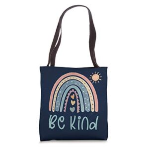 be kind inspiring quote positive vibe message boho rainbow tote bag