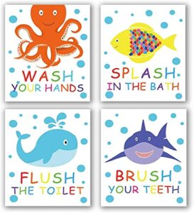 4 set- sea marine life bathroom watercolor art print,wash splash flush brush bathroom sign canvas wall art printing, octopus fish shark whale for kids washroom decoration (unframed,8″x10″)