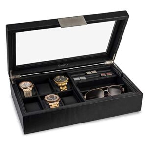 Glenor Co Valet Jewelry Box for Men - Holds 6 Watches, 12 cufflinks, 2 Sunglasses & Tray Storage - Mens Watch Case - CarbonFiber Organizer w Metal Accents, PU Leather & Large Glass Lid - Black