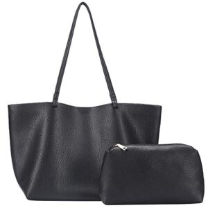 women’s soft pu leather tote shoulder bag from horse&tiger, minimalist litchi texture handbag (black)