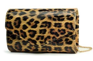 hoxis leopard evening handbag women envelope clutch patent leather glossy purse with shoulder chain strap (brown leopard)