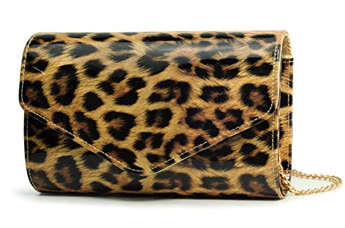 HOXIS Leopard Evening Handbag Women Envelope Clutch Patent Leather Glossy Purse with Shoulder Chain Strap (Brown Leopard)