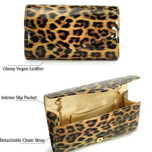 HOXIS Leopard Evening Handbag Women Envelope Clutch Patent Leather Glossy Purse with Shoulder Chain Strap (Brown Leopard)