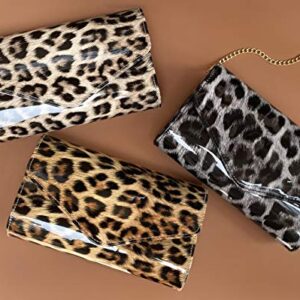 HOXIS Leopard Evening Handbag Women Envelope Clutch Patent Leather Glossy Purse with Shoulder Chain Strap (Brown Leopard)