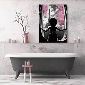 African American Wall Art Black Girl Pink Flowers Canvas Prints Modern Black and White Wall Art Fashion Paris Decoration Pictures Painting Framed Artwork Home Decor for Bedroom Bathroom 16x24inch