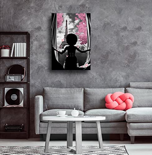 African American Wall Art Black Girl Pink Flowers Canvas Prints Modern Black and White Wall Art Fashion Paris Decoration Pictures Painting Framed Artwork Home Decor for Bedroom Bathroom 16x24inch