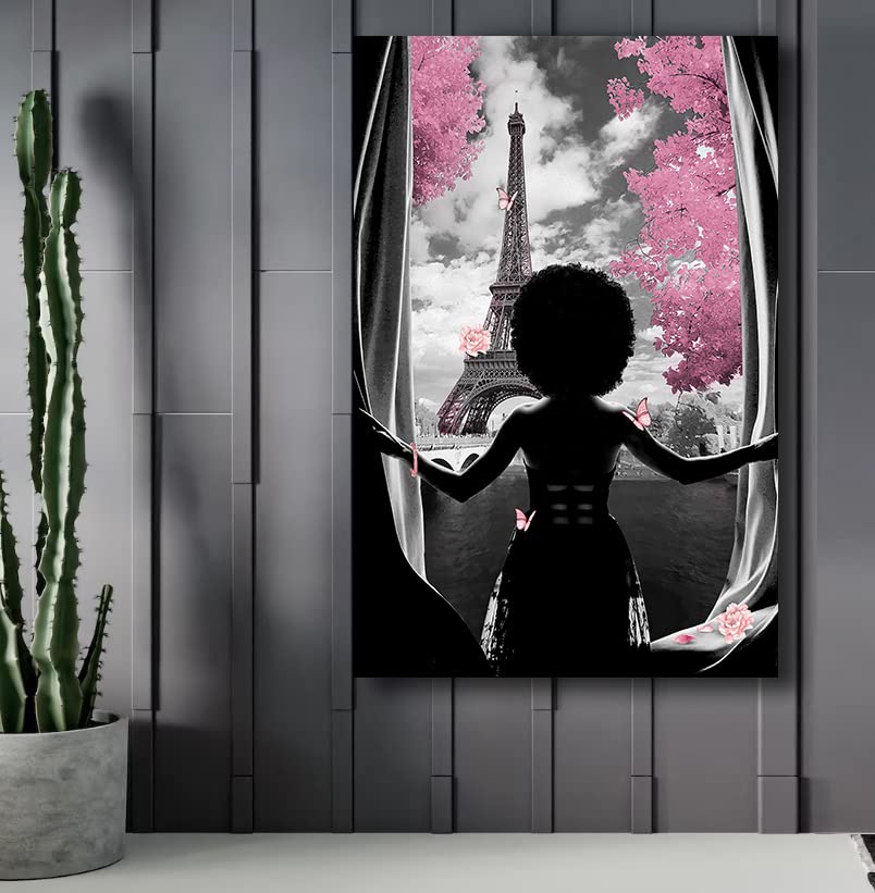 African American Wall Art Black Girl Pink Flowers Canvas Prints Modern Black and White Wall Art Fashion Paris Decoration Pictures Painting Framed Artwork Home Decor for Bedroom Bathroom 16x24inch