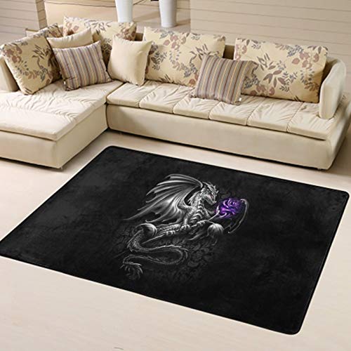 Area Rug White-Cool Dragon Purple Fairy Rose black9 Non-Slip Area Carpet Resist Dirt Washable Floorcover Mat for Sofa, Living Room, Bedroom, Office, Dining Room