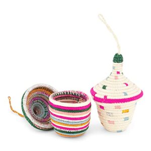 kazi small mini lidded friendship gift basket charm, a token of love and friendship, napkin ring, handbag charm, babyshower gift, made with sisal, eco-friendly (set of 2 pink/multicolored)