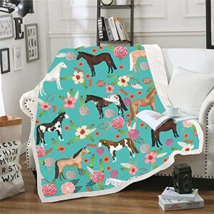 horse blanket various horse 3d printing throw blanket super soft flower fleece blanket animal horse sherpa blanket horse gifts for girls and women sofa couch bed and office (green, 51 x 59 in)