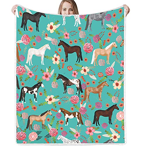 Horse Blanket Various Horse 3D Printing Throw Blanket Super Soft Flower Fleece Blanket Animal Horse Sherpa Blanket Horse Gifts for Girls and Women Sofa Couch Bed and Office (Green, 51 X 59 in)