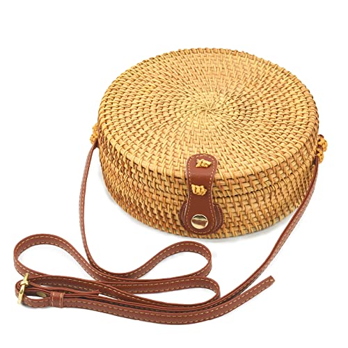 WOWLADY Round Rattan Bags Woman Handwoven Straw Purse Bag Crossbody Shoulder Leather Straps Natural Chic Leather Buckle